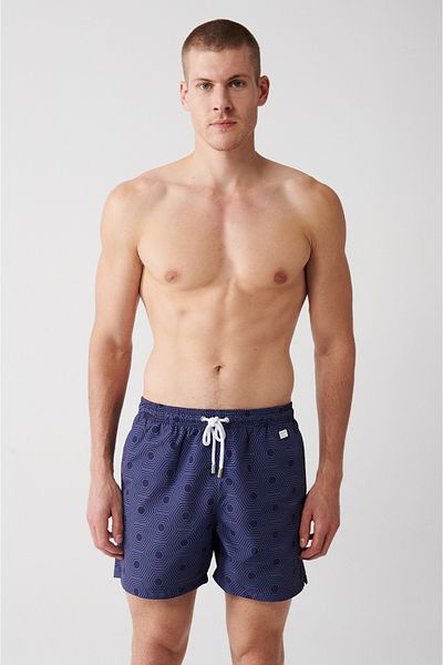 Avva Marineblaue, schnelltrocknende, geometrisch bedruckte Standardgröße, spezielle Box-Komfort-Passform, Badeanzug-Meeresshorts
