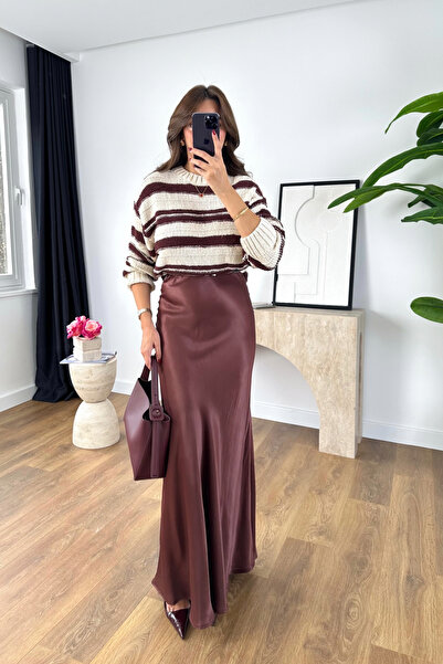 BİRCANÇİL Shely Burgundy Maxi Length Satin Skirt with Elastic Waist