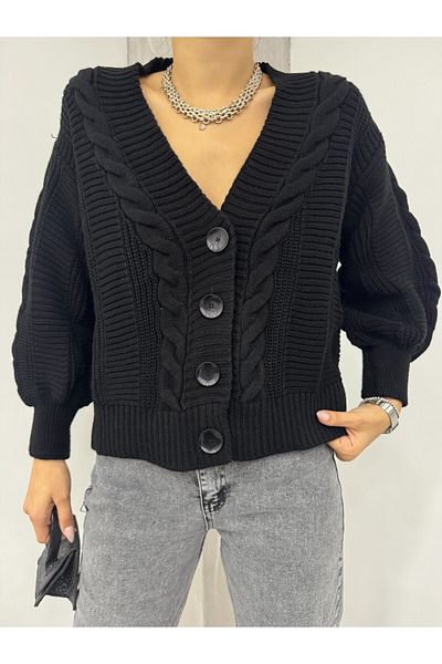 Modamorfo Black Araboy Cardigan - Knitted Pattern and Button Detail
