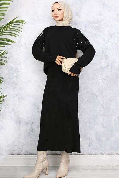 benguen Black 6109 Model Gilet Knitwear Set - Pearl Detailed