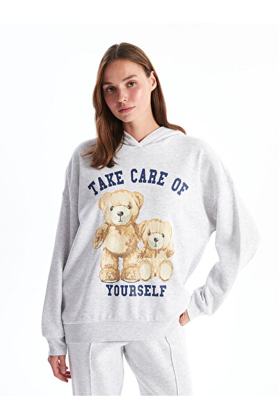 LC Waikiki Γυναικείο χοντρό φούτερ με κουκούλα, oversized, με στάμπα