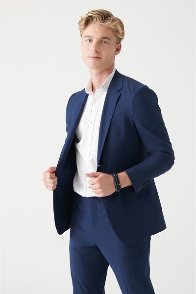 Avva Marineblaue, strukturierte Seersucker-Jacke für Herren mit ungefüttertem Doppelschlitz A31y4012