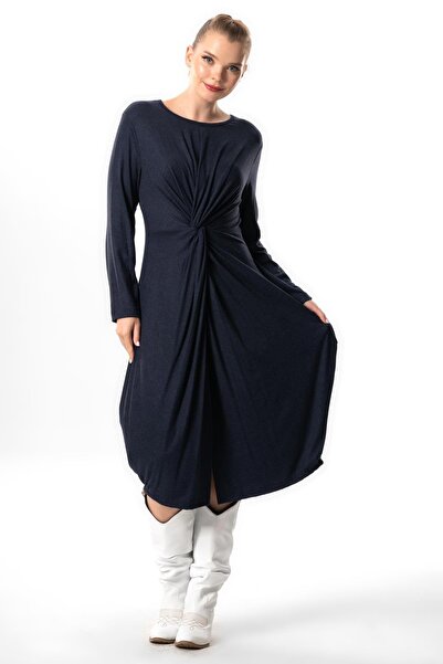 Eliş Şile Bezi Athena Knot Detailed Navy Blue Midi Viscose Dress - Long Sleeve, Autumn and Winter