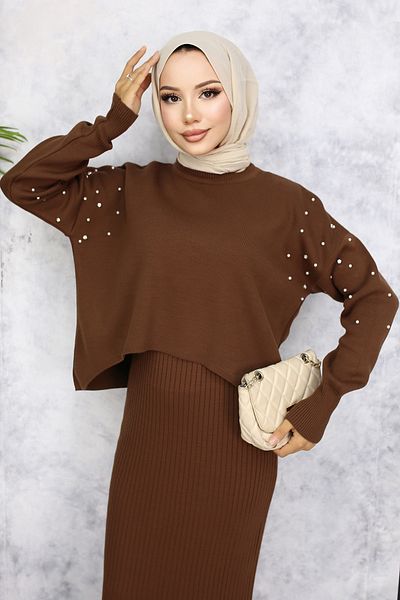 benguen 6109 Model Gilet Knitwear Σετ - Πέρλα Λεπτομέρεια, Καφέ