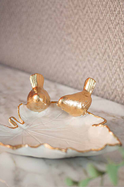 Ella's Design Studio White Gold Decorative Plate with Birds - New Year Gift, Dresuar Decor