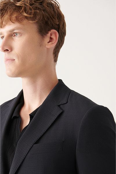 Avva Schwarze, strukturierte, ungefütterte Seersucker-Jacke mit Doppelschlitz für Herren A31y4012