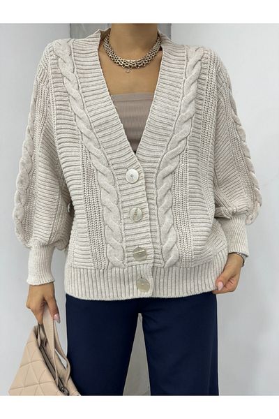 Modamorfo Stone Colored Knitted Patterned Araboy Cardigan