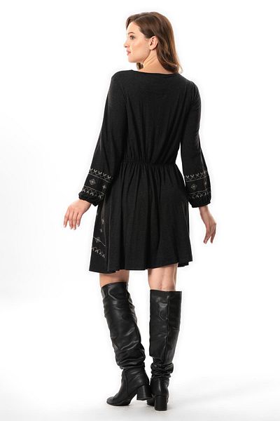 Eliş Şile Bezi Gray Gray Embroidered Long Sleeve Life Tie-Up Viscose Dress - Autumn and Winter