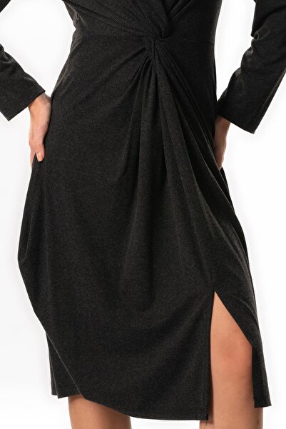 Eliş Şile Bezi Athena Gray Gray Long Sleeve Midi Viscose Dress - Knot Detailed Autumn and Winter