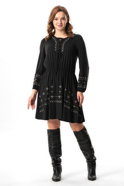 Eliş Şile Bezi Gray Gray Embroidered Long Sleeve Life Tie-Up Viscose Dress - Autumn and Winter