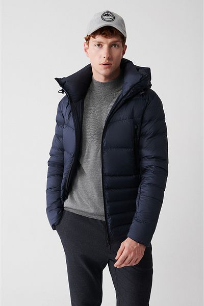 Avva Men's Navy Blue Goose down Water Repellent Windproof Hooded Puffer Coat with Thermometer A32Y6017