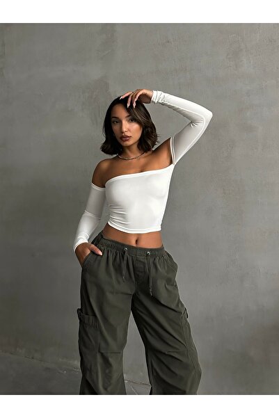 The Base Жіночий кроп-топ з аквалангом без бретелей кольору екрю