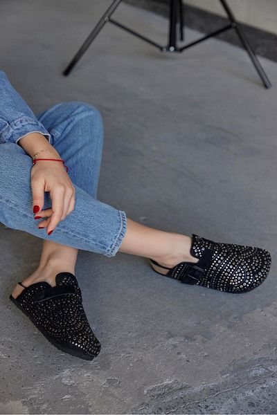 NILUFARR Papuci de damă Lottie Black Stone din piele naturală