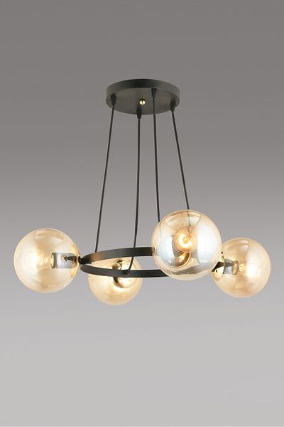 SONSUZ AYDINLATMA&AVİZE Queen Black 4-Piece Ring Honey Globe Glass Modern Chandelier
