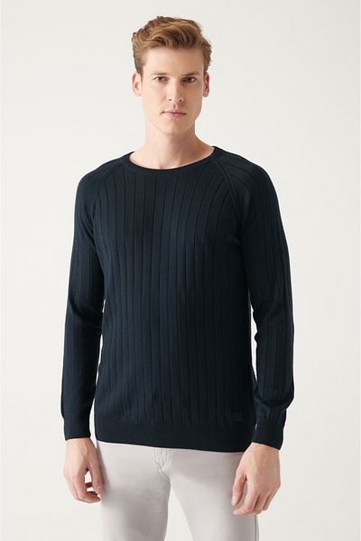 Avva Pulover pentru bărbați, albastru bleumarin, cu gât crew, tricotaj jacquard A22y5179
