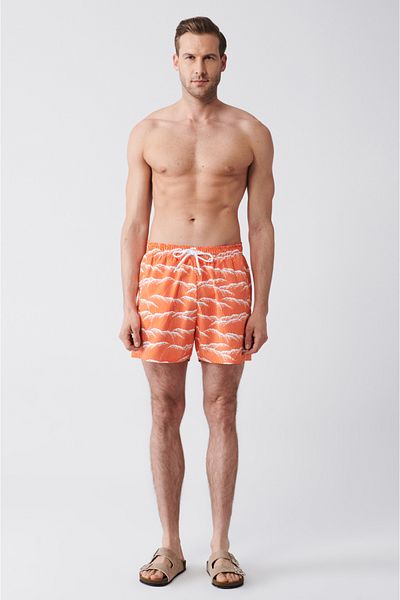 Avva Orangefarbene, schnell trocknende, bedruckte Standard-Badeanzug-Badeshorts für Herren E 003802
