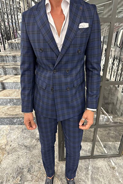 Fc Plus KENDİNDEN DESENLİ KRUVAZE LACİVERT TAKIM ELBİSE