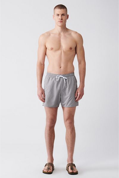 Avva Grau-weiße, schnell trocknende, bedruckte Standard-Badeanzug-Badeshorts für Herren E 003802