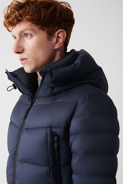 Avva Men's Navy Blue Goose down Water Repellent Windproof Hooded Puffer Coat with Thermometer A32Y6017