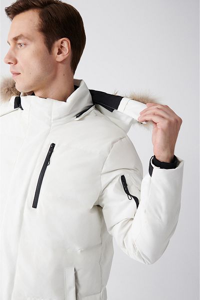 Avva Herren-Pufferjacke mit Kapuze aus weißem Fell, wasserabweisend, Gänsedaunen, A22Y6099