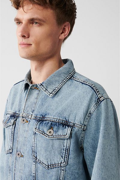 Avva Men's Light Blue Washable 100% Cotton Comfortable Fit Denim Jacket E 006021