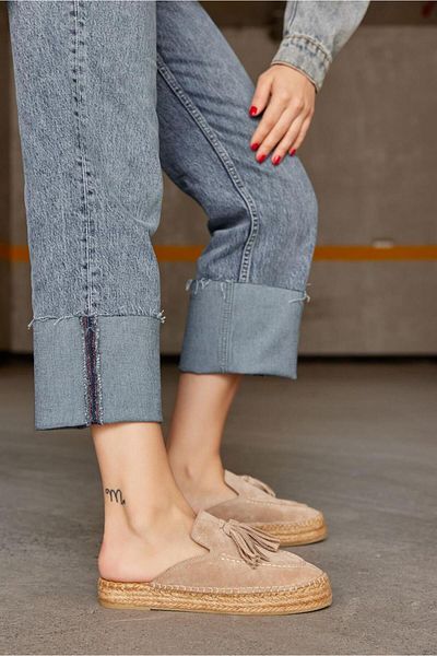 NILUFARR Papuci de damă cu espadrille din piele naturală din piele de căprioară bej
