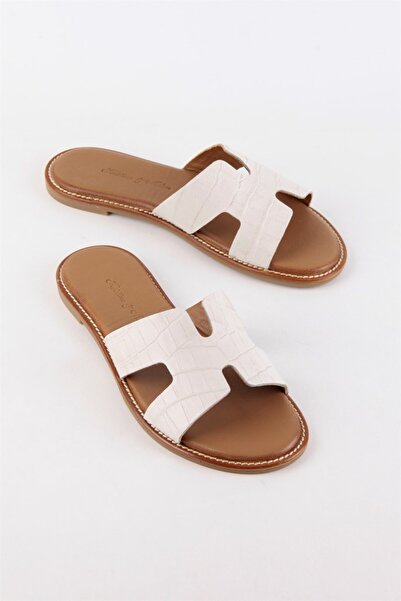 NILUFARR Γυναικείες παντόφλες Helen Beige Crocodile από γνήσιο δέρμα