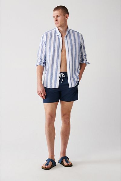 Avva Indigofarbene, schnell trocknende, bedruckte Badeanzug-Badeshorts in Standardgröße E 003802