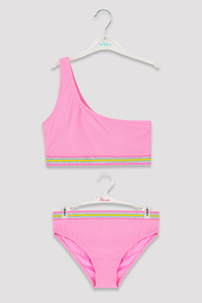 Penti Set de bikini pentru fete, cu dungi detaliate, cu un singur umăr, roz d...