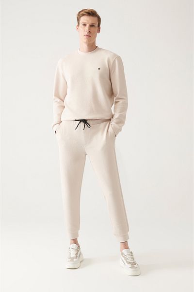 Avva Beigefarbene Herren-Jacquard-Baumwoll-Jogginghose mit Schnürung am Bund und elastischen Beinen A31y3450