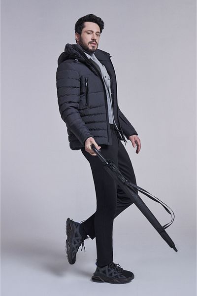 Avva Men's Black Puffer Jacket - Windproof, Thermometer, Hooded A32Y6017