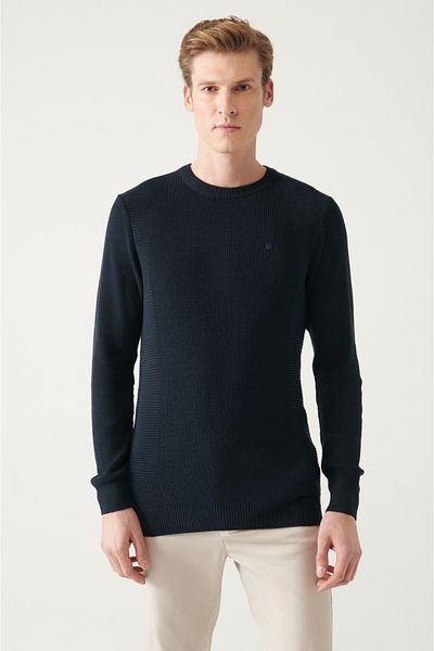Avva Férfi sötétkék nyakú jacquard kötöttáru pulóver A22y5178