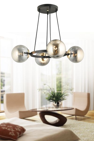 SONSUZ AYDINLATMA&AVİZE Kardelen Black 4-Piece Ring Smoked Globe Glass Modern Chandelier