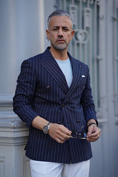 Fc Plus Lacivert Geniş Çizgili Kruvaze Tek Ceket - Slim Fit