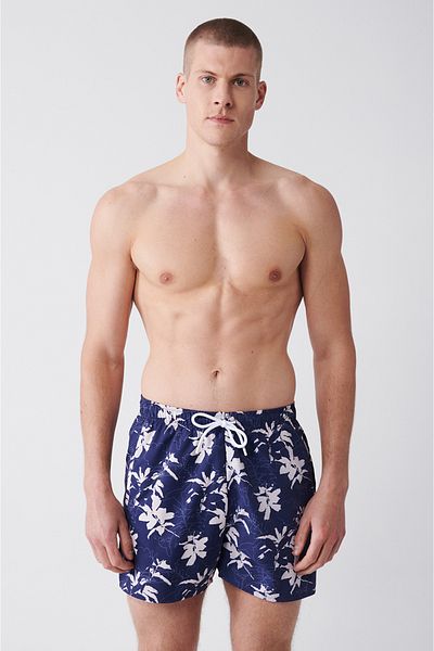 Avva Herren-Badeshorts E in Weiß-Marineblau, schnell trocknend, bedruckt, Standardgröße 003802