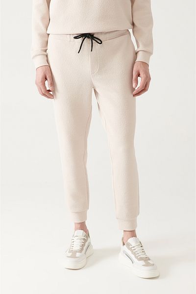 Avva Beigefarbene Herren-Jacquard-Baumwoll-Jogginghose mit Schnürung am Bund und elastischen Beinen A31y3450