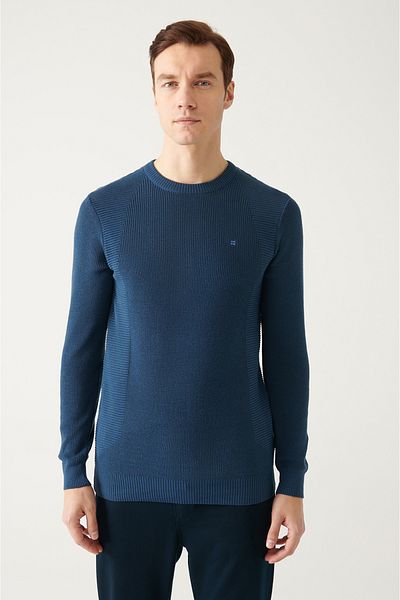 Avva Férfi indigó nyakú jacquard kötöttáru pulóver A22y5178