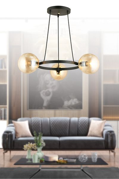 SONSUZ AYDINLATMA&AVİZE Infinite Black 3-Piece Ring Honey Globe Glass Modern Chandelier