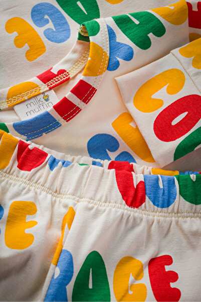 Milk & Muffin KREM ZEMİN RENKLİ YAZI BASKILI Pijama Takımı