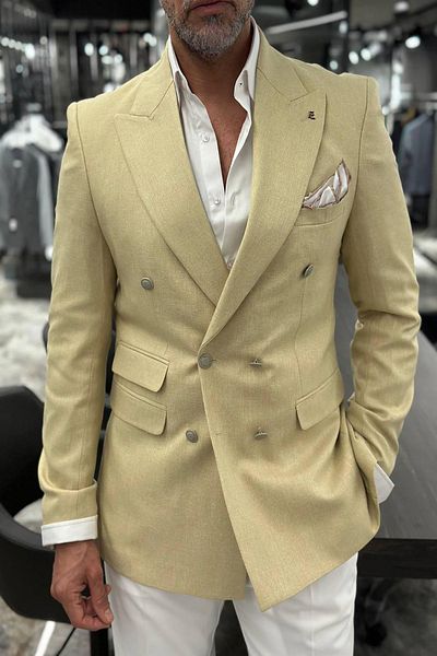 Fc Plus Double Breasted Wide Collar Beige Jacket with Pocket Detail