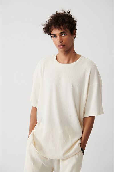 Avva Ecru-Jacquard-T-Shirt mit Rundhalsausschnitt für Herren A31y1091
