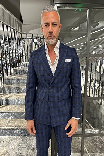 Fc Plus KENDİNDEN DESENLİ KRUVAZE LACİVERT TAKIM ELBİSE