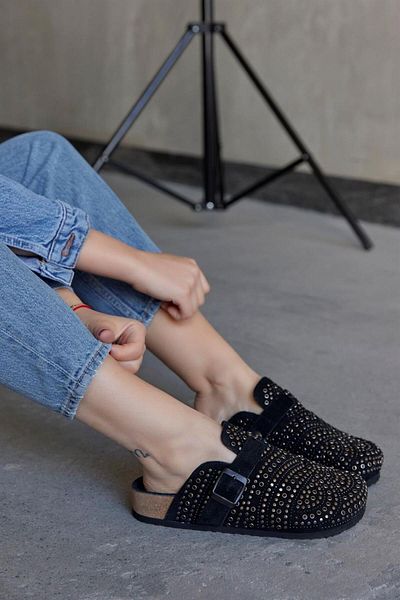 NILUFARR Papuci de damă Lottie Black Stone din piele naturală