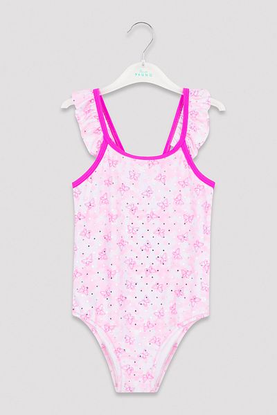 Penti Girl's Purple Stripe and Ruffle Detailed Butterfly Patterned Swimsuit