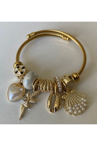 gözdehome Steel Bracelet Yellow Gold Model Steel Bracelet with Pearl Seashell Charm