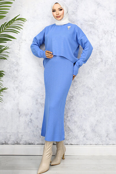 benguen 6110 Turtleneck Brooch Detailed Gilet Knitwear Set Blue