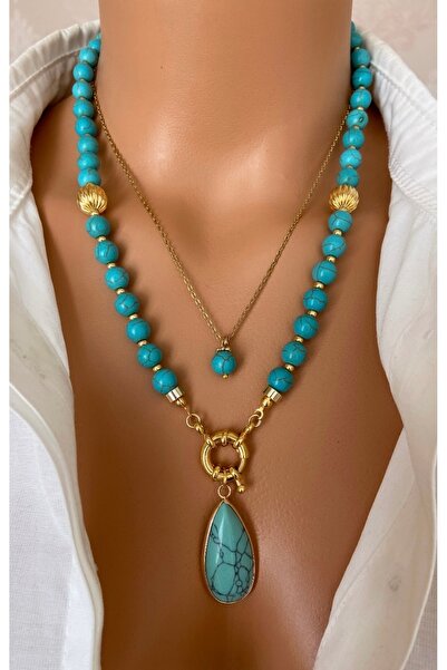 TARZ-I TAKI (2 KOLYE) Doğal Taş Mavi Turkuaz Firuze Taşı Çelik Zincir Altın Kaplama Çerçeveli Taş Uç Kadın Kolye
