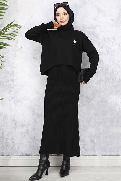 benguen 6110 Turtleneck Brooch Detailed Gilet Knitwear Set Black
