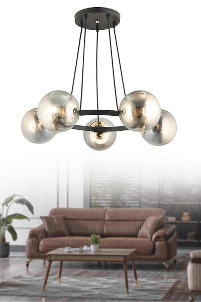 SONSUZ AYDINLATMA&AVİZE Infinite Black 5-Piece Ring Smoked Globe Glass Modern Chandelier