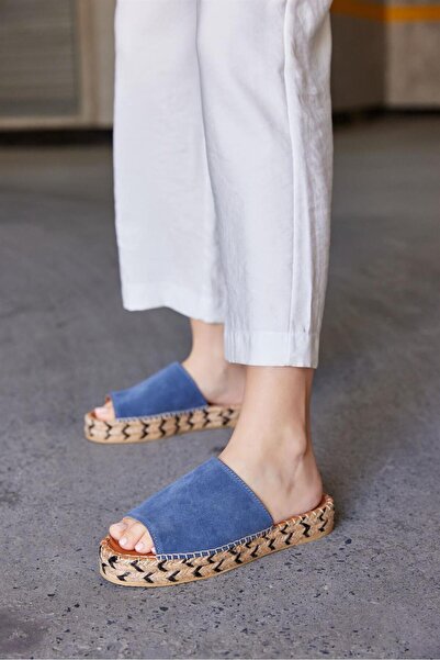 NILUFARR Pera Denim Blue Genuine Leather Women's Espadrille Slippers